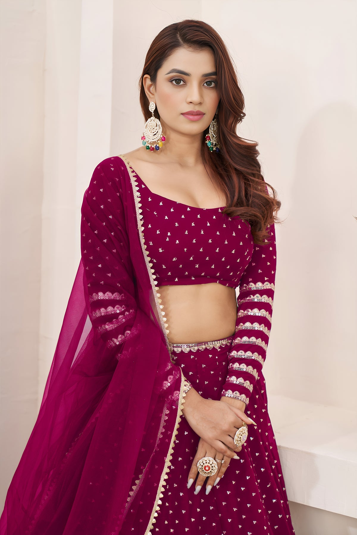 Rani Pink Lehenga Choli with Sequin Work & Designer Dupatta