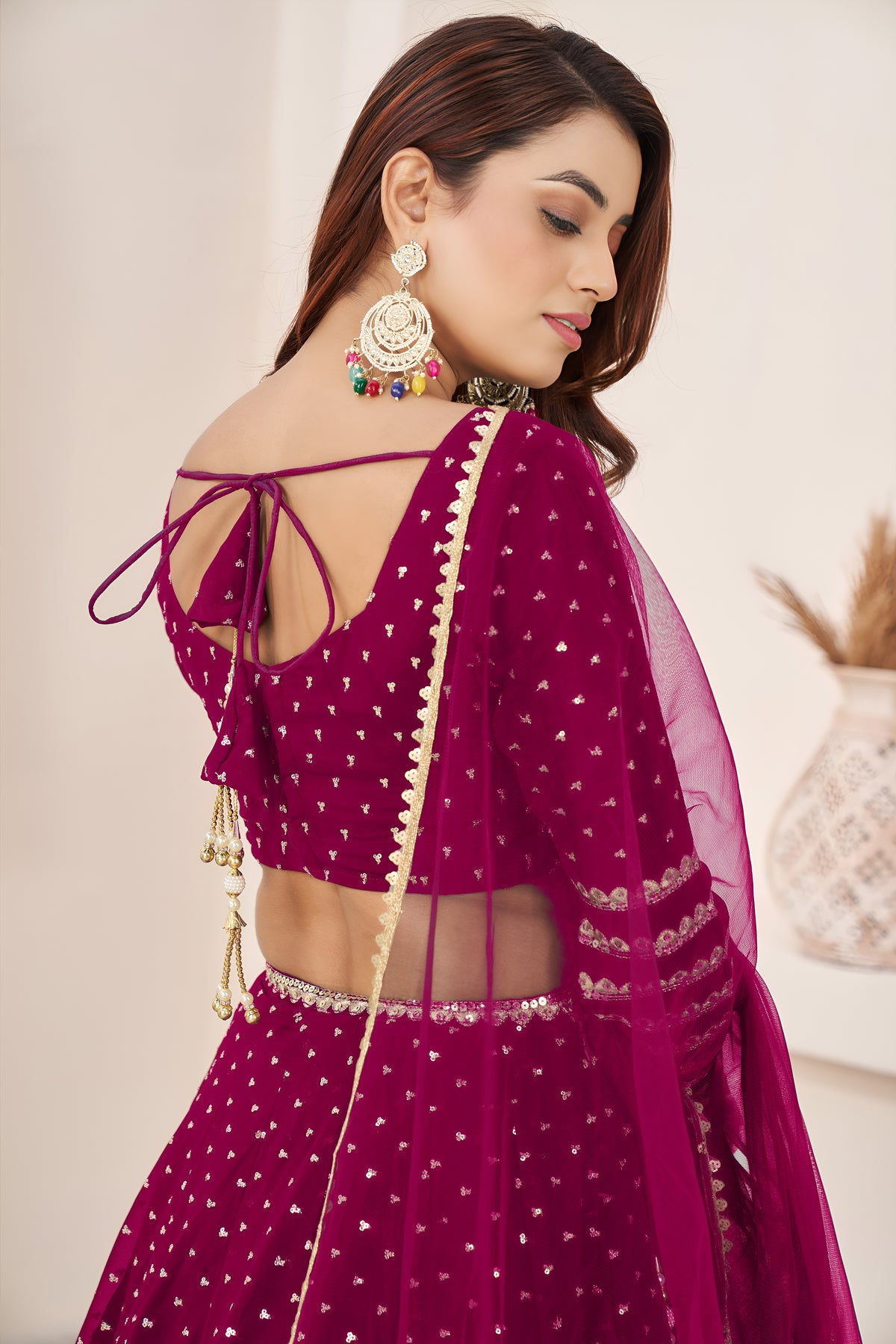 Rani Pink Lehenga Choli with Sequin Work & Designer Dupatta