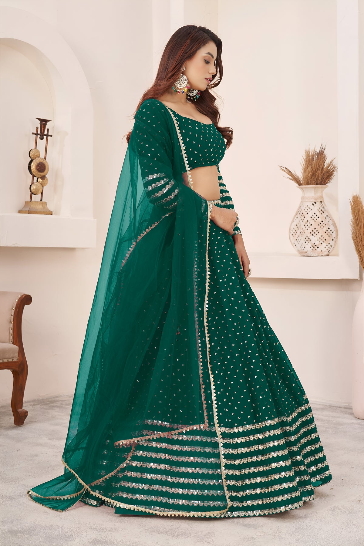 Teal Green Lehenga Choli with Sequin Work & Designer Dupatta