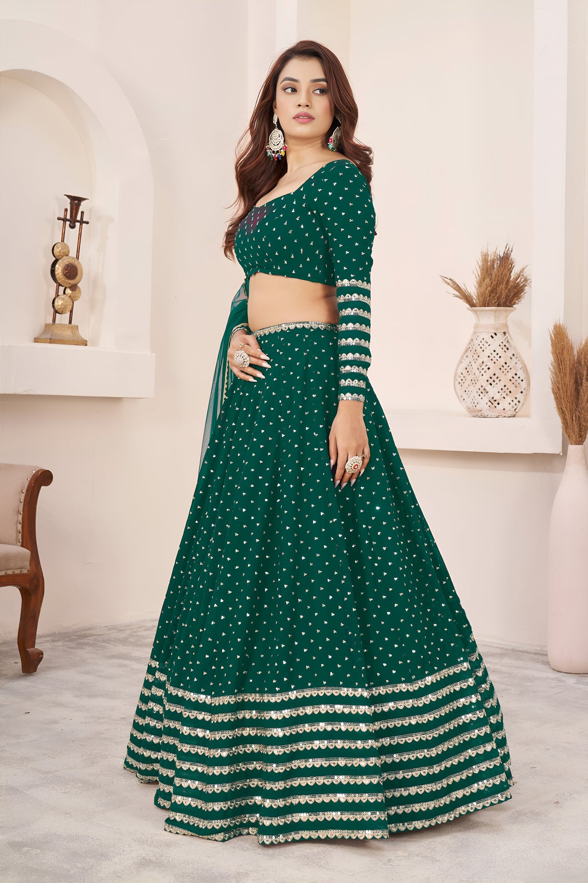 Teal Green Lehenga Choli with Sequin Work & Designer Dupatta