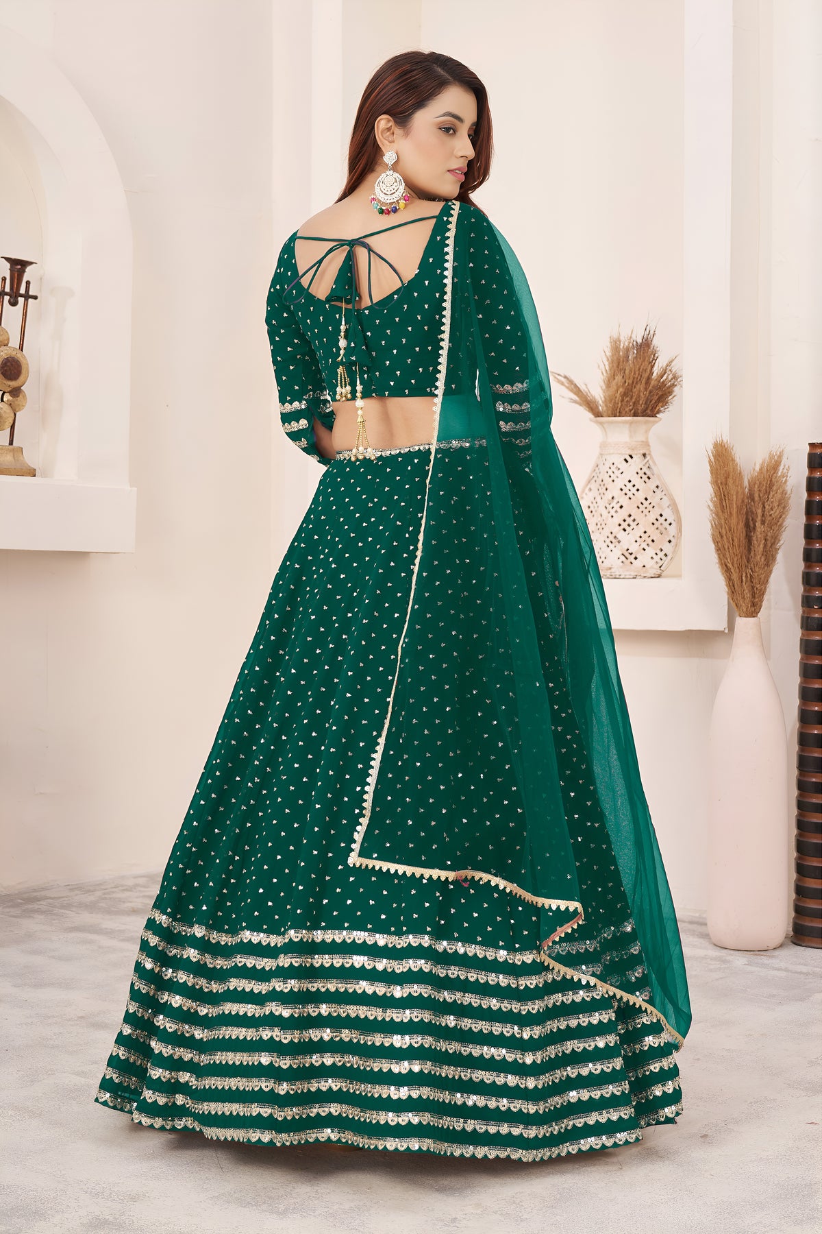Teal Green Lehenga Choli with Sequin Work & Designer Dupatta