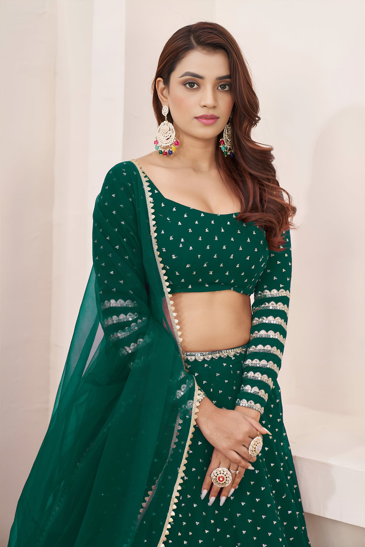 Teal Green Lehenga Choli with Sequin Work & Designer Dupatta