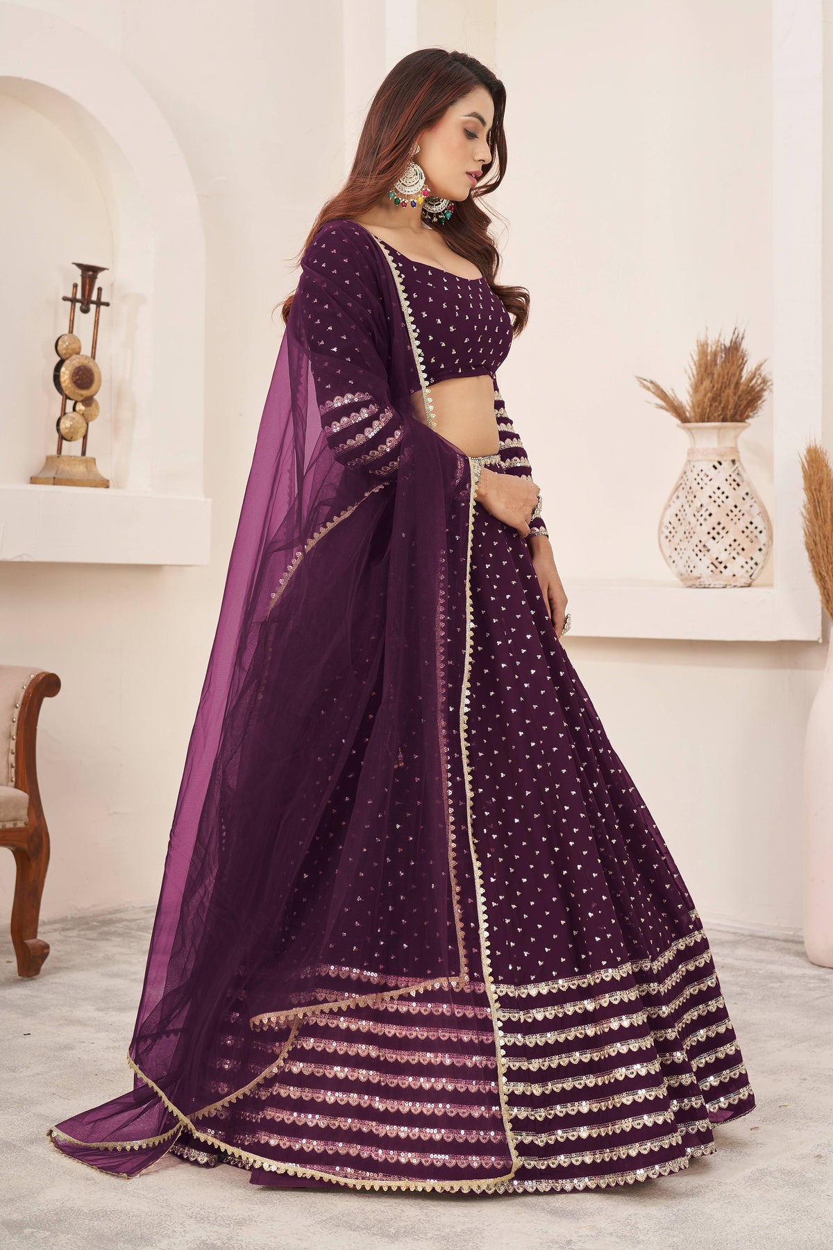 Wine Purple Embroidered Lehenga Choli with Dupatta