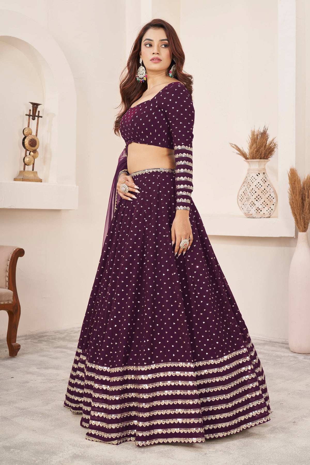 Wine Purple Embroidered Lehenga Choli with Dupatta