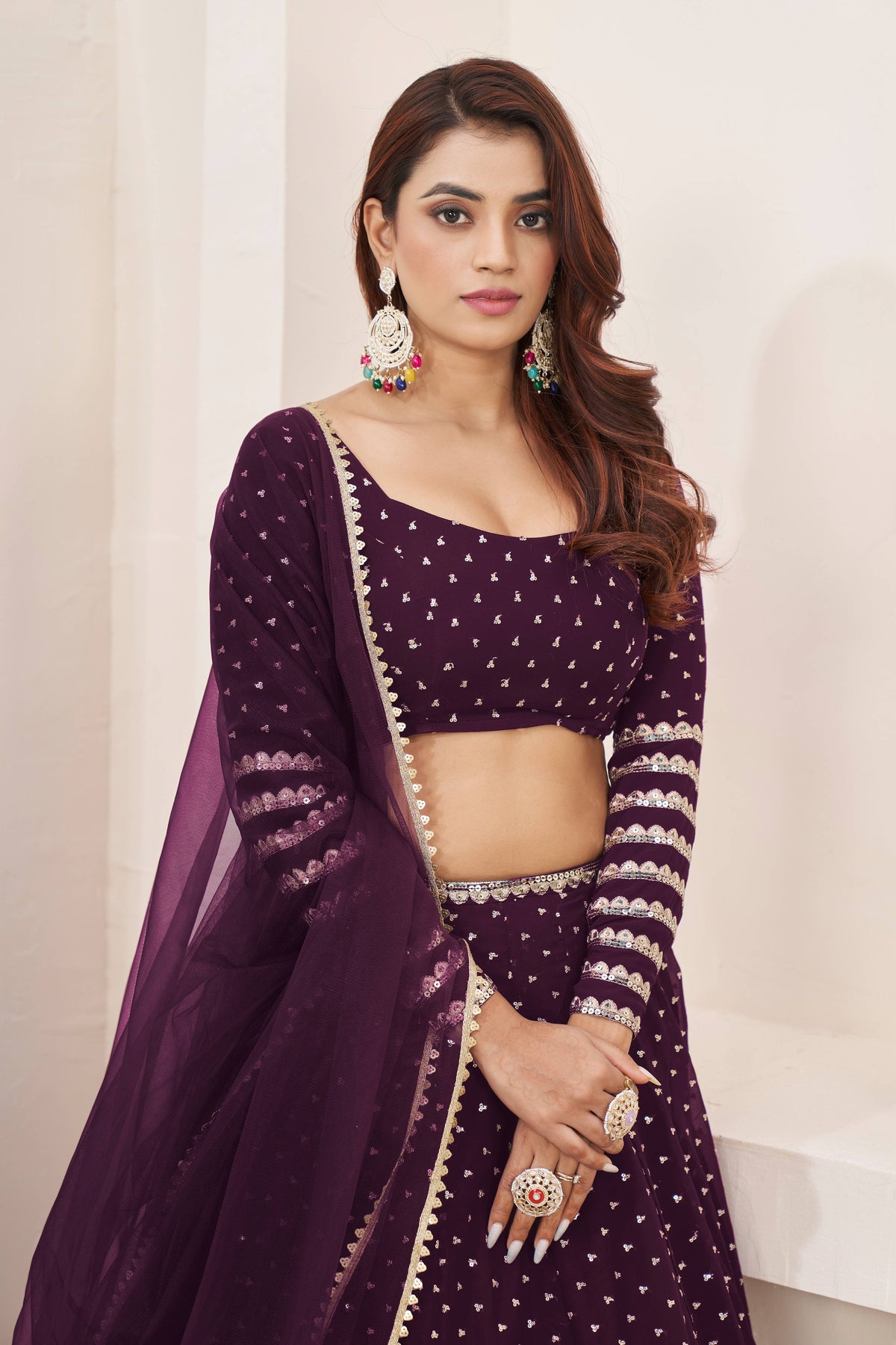 Wine Purple Embroidered Lehenga Choli with Dupatta