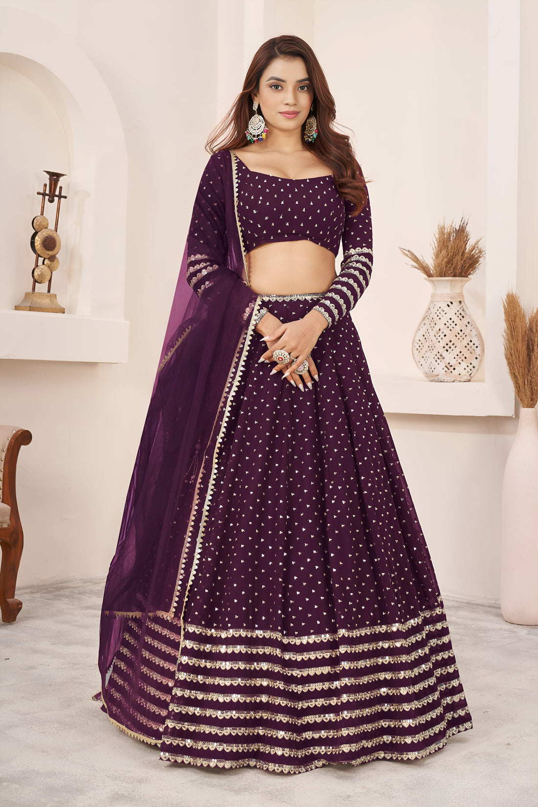 Deep Wine Purple Lehenga Choli with Golden Sequin Work & Dupatta