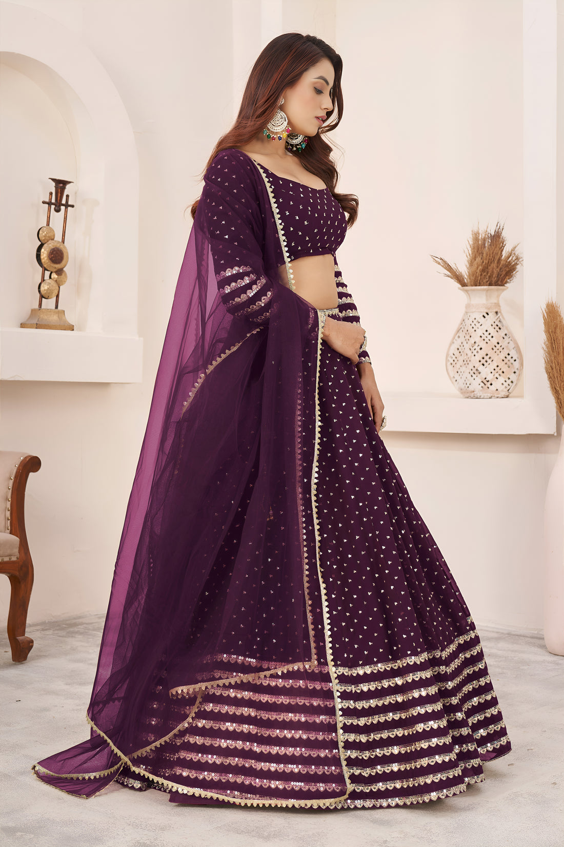 Deep Wine Purple Lehenga Choli with Golden Sequin Work & Dupatta