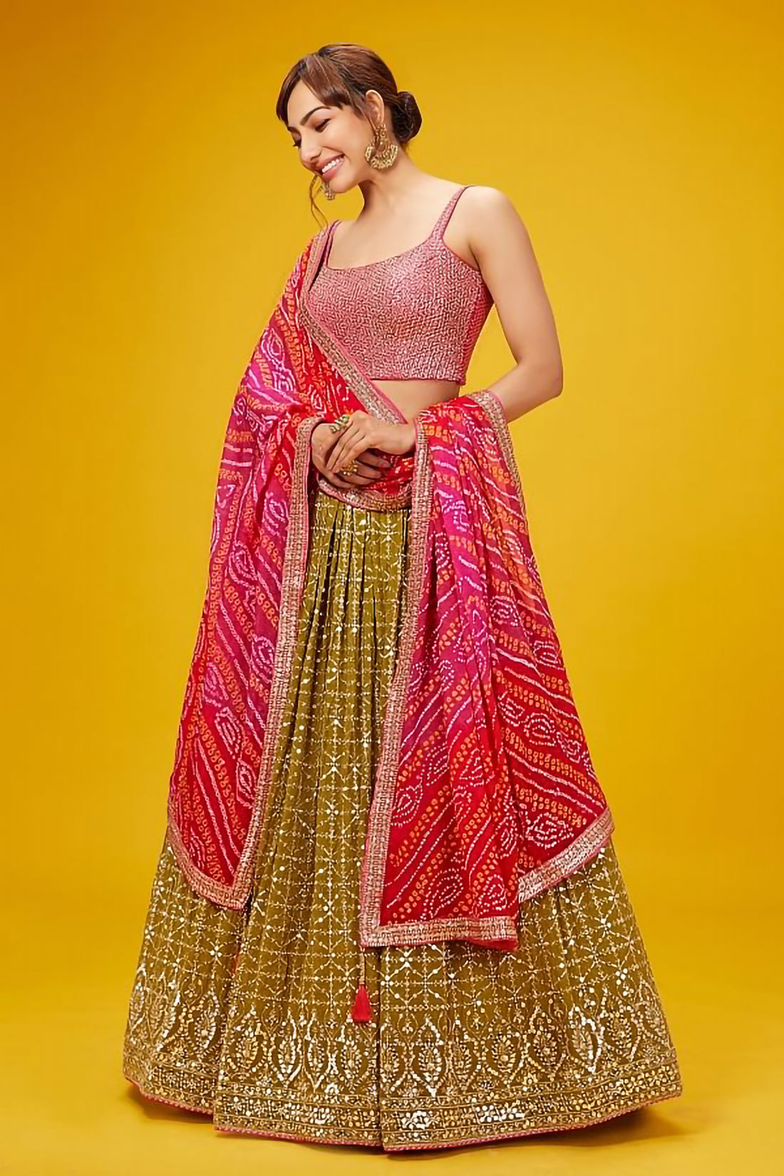 Olive Green Bandhani Lehenga Choli with Pink Dupatta