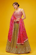 Olive Green Bandhani Lehenga Choli with Pink Dupatta