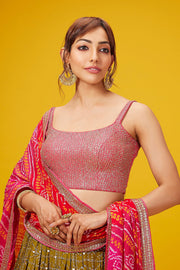 Olive Green Bandhani Lehenga Choli with Pink Dupatta