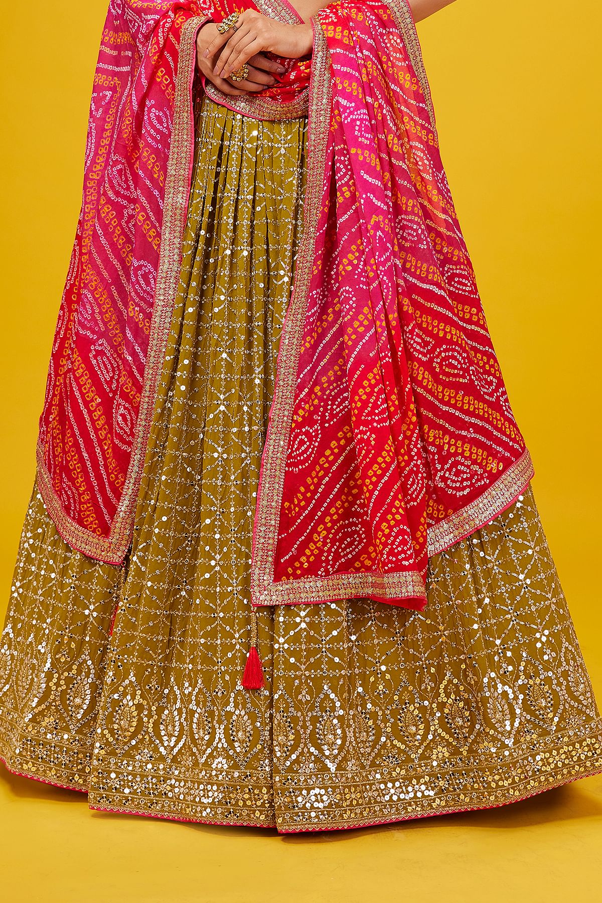Olive Green Bandhani Lehenga Choli with Pink Dupatta