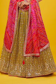 Olive Green Bandhani Lehenga Choli with Pink Dupatta