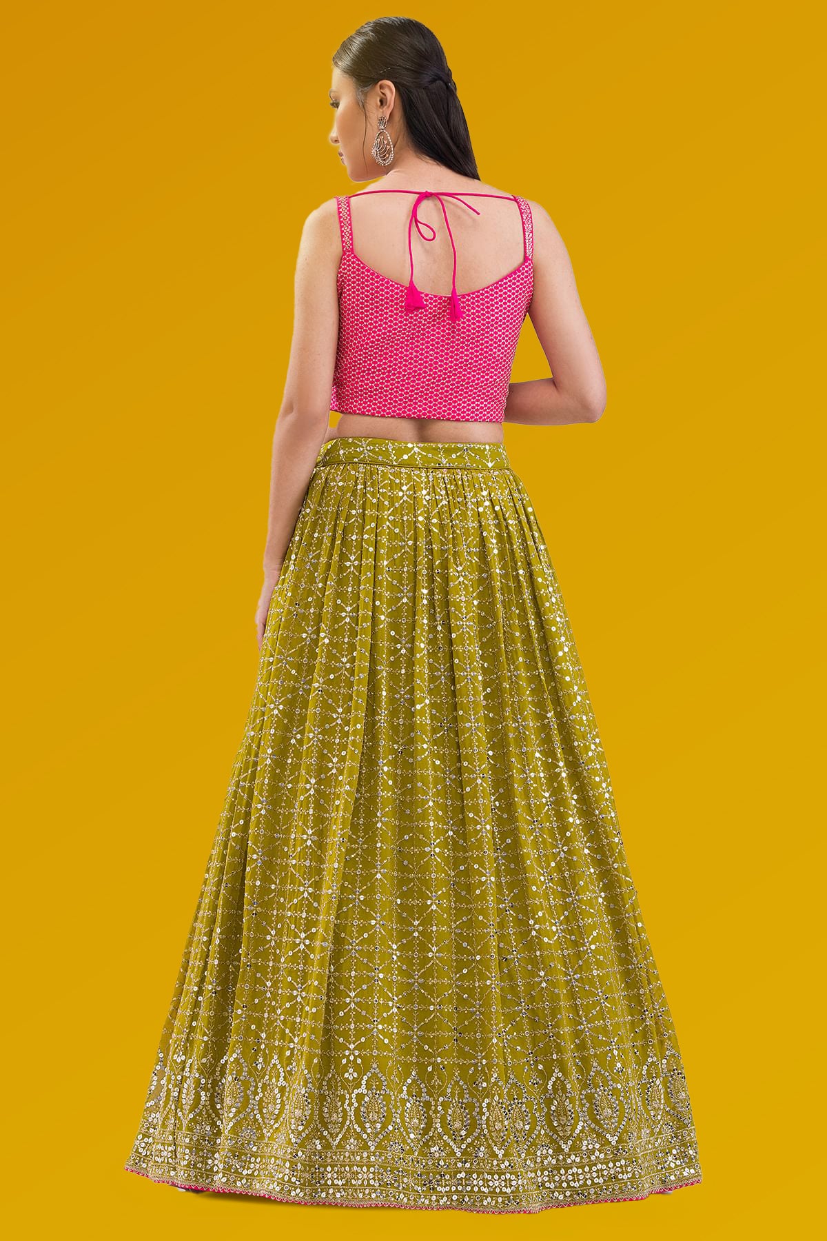 Olive Green Bandhani Lehenga Choli with Pink Dupatta