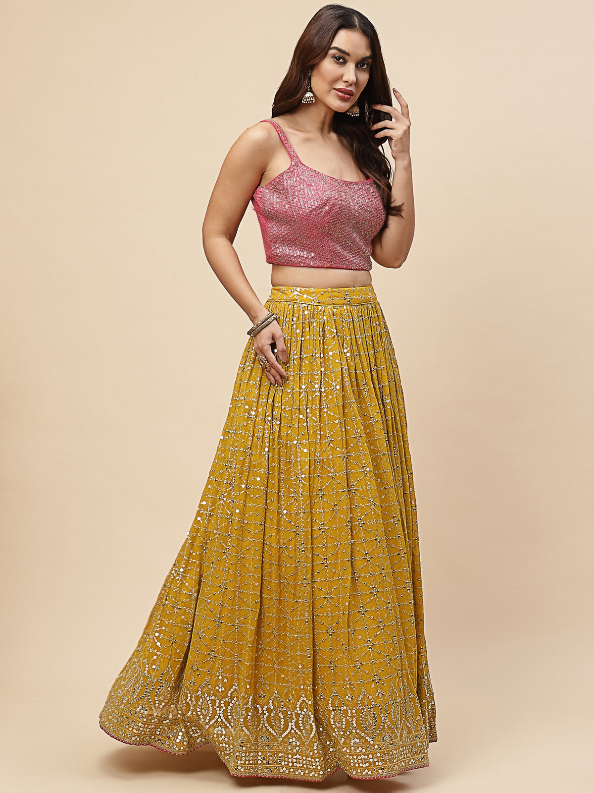 Mustard Yellow Bandhani Lehenga Choli with Pink Dupatta