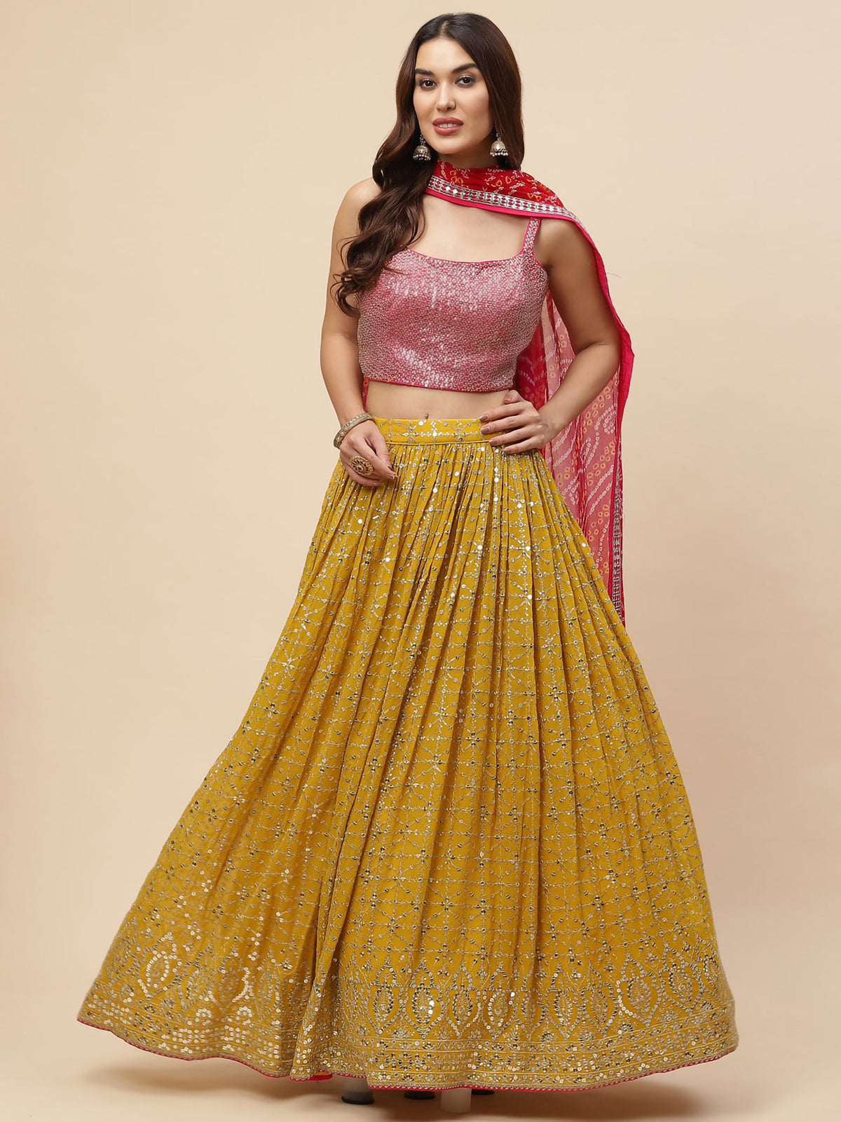Mustard Yellow Bandhani Lehenga Choli with Pink Dupatta