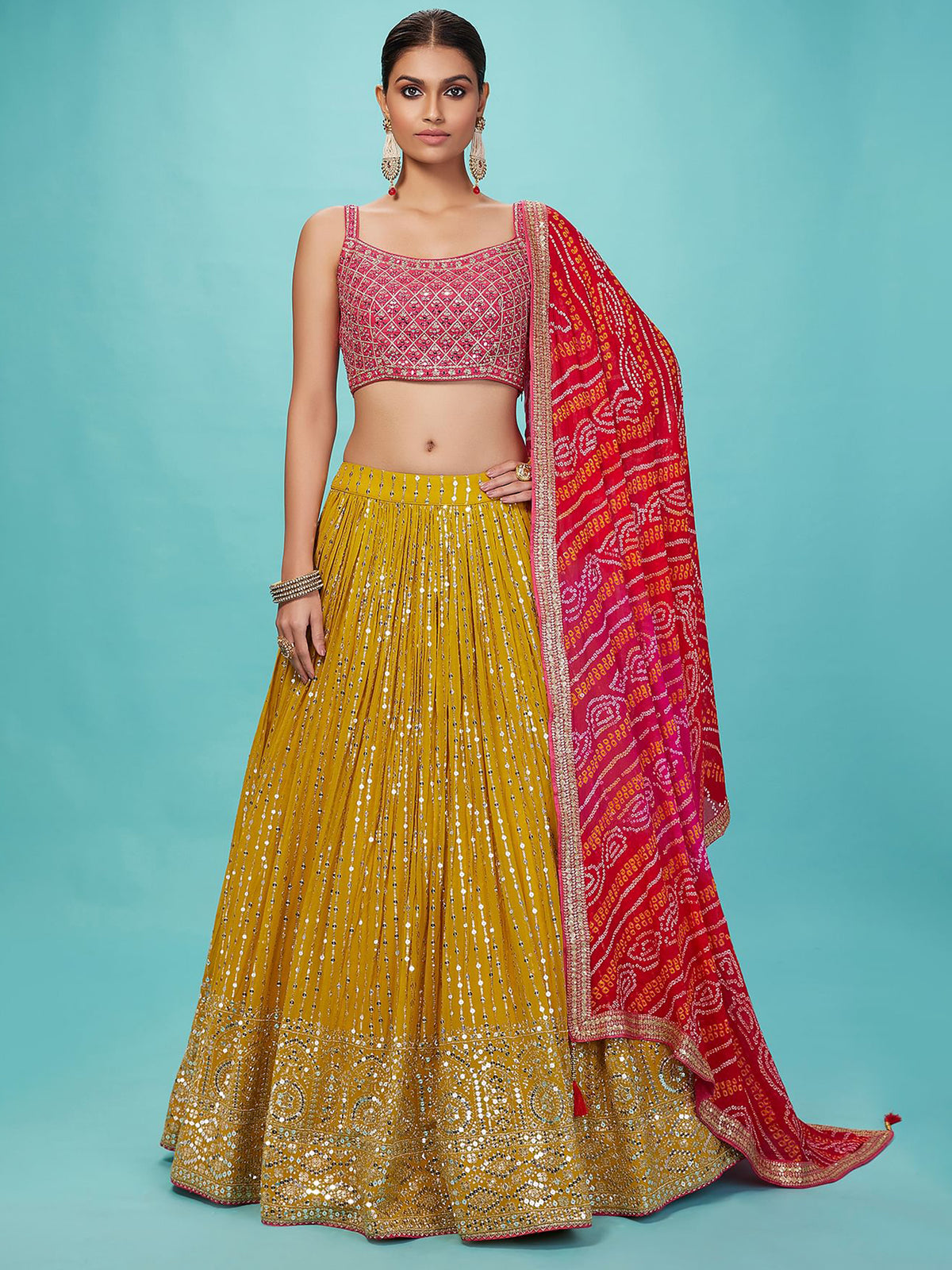 Mustard Yellow Sequined Lehenga Choli with Red Bandhani Dupatta
