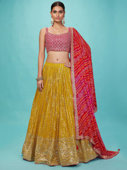 Mustard Yellow Sequined Lehenga Choli with Red Bandhani Dupatta