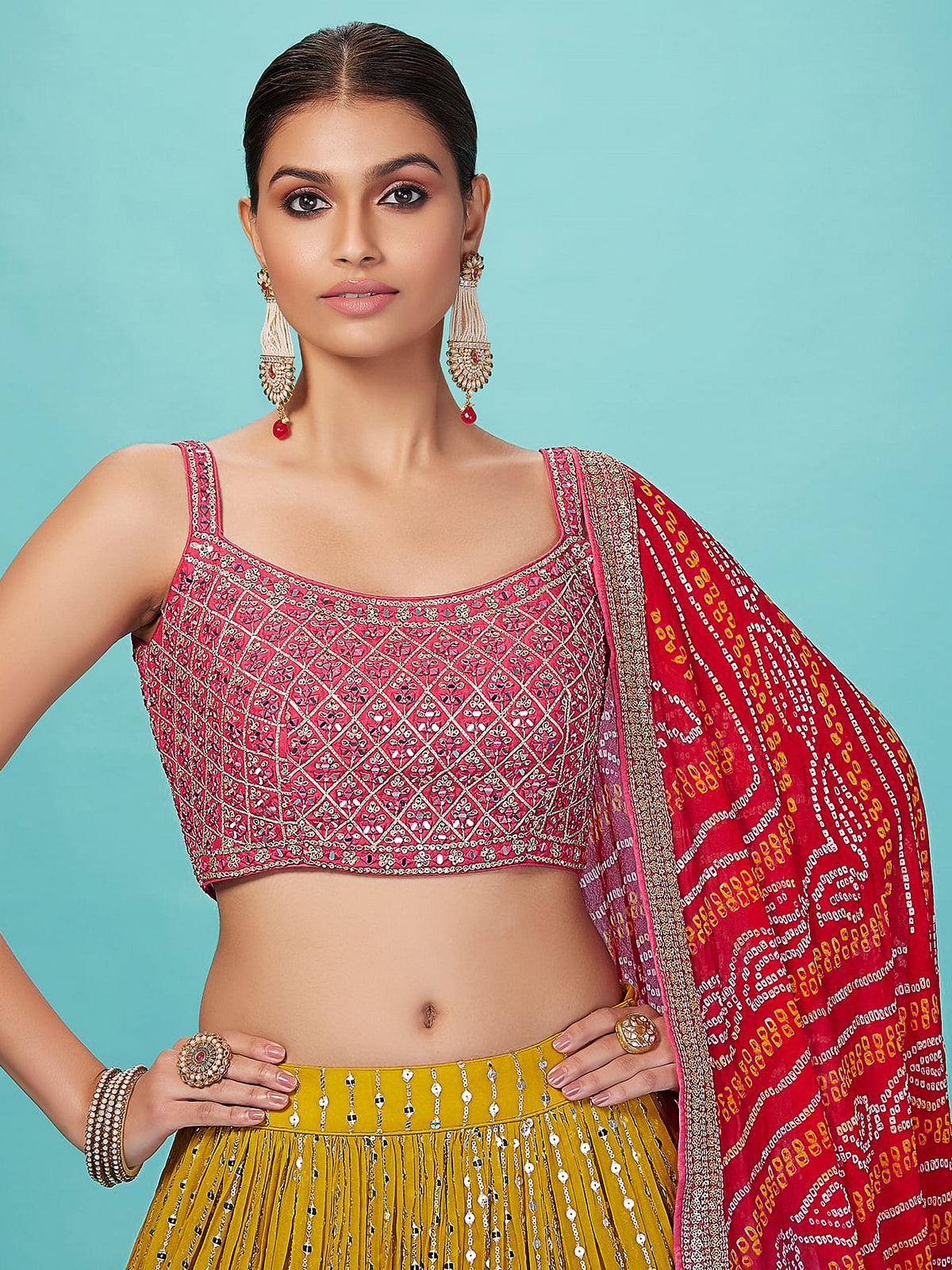 Mustard Yellow Sequined Lehenga Choli with Red Bandhani Dupatta