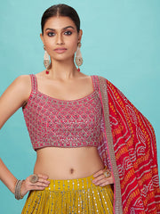 Mustard Yellow Sequined Lehenga Choli with Red Bandhani Dupatta