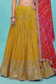 Mustard Yellow Sequined Lehenga Choli with Red Bandhani Dupatta