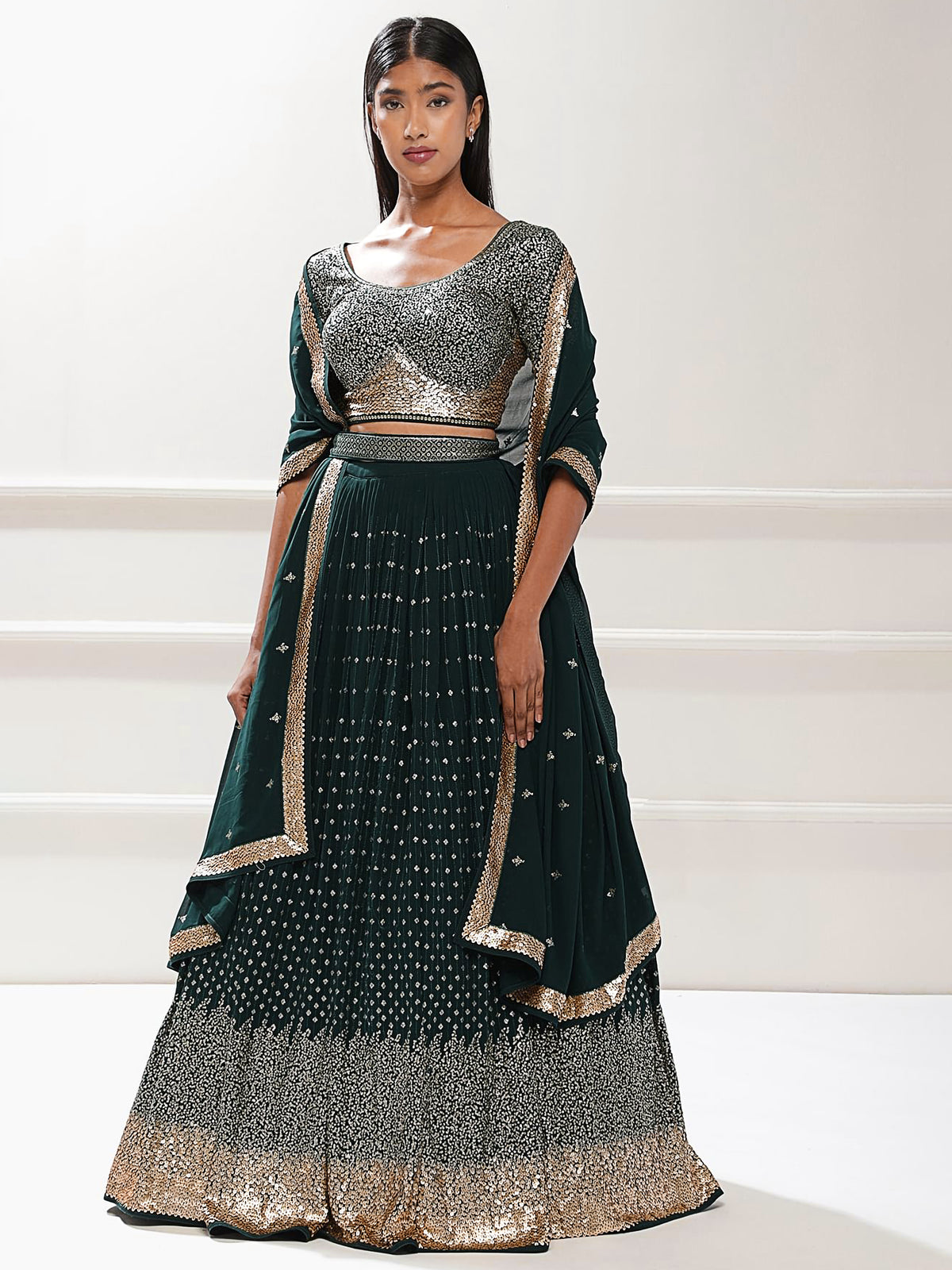 Dark Green Sequin Lehenga Choli with Gold Embroidery