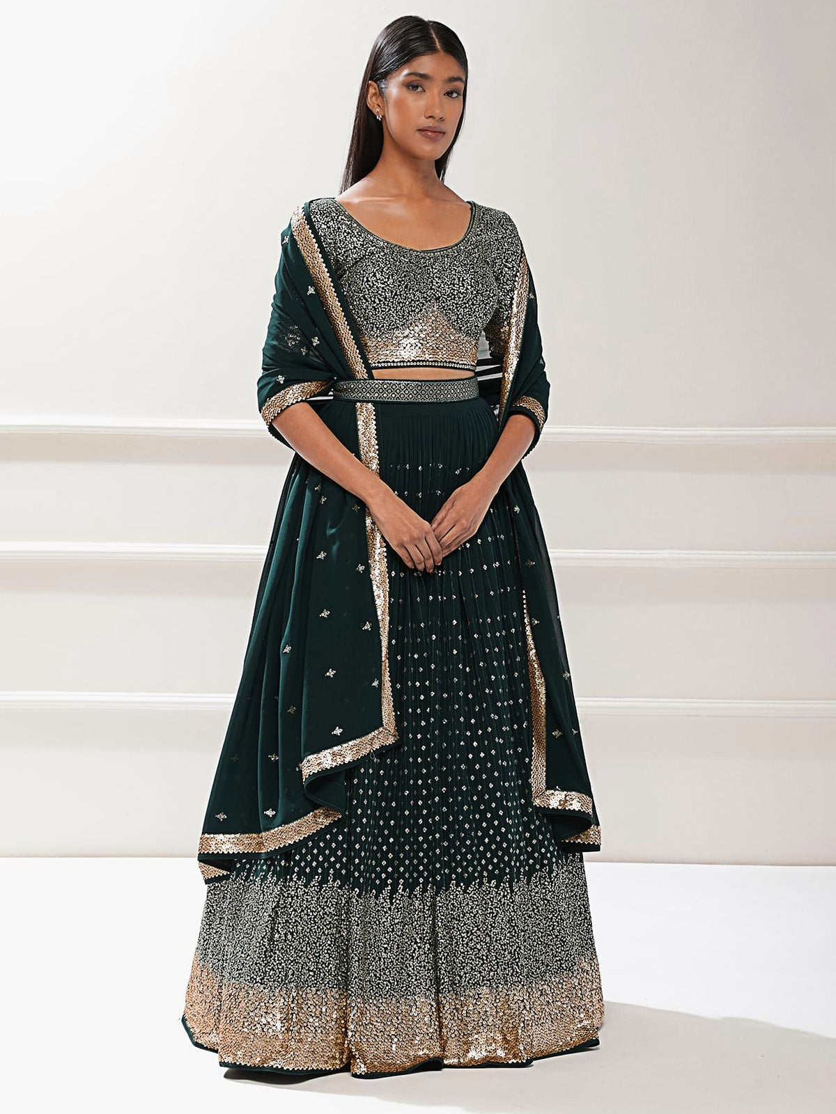 Dark Green Sequin Lehenga Choli with Gold Embroidery