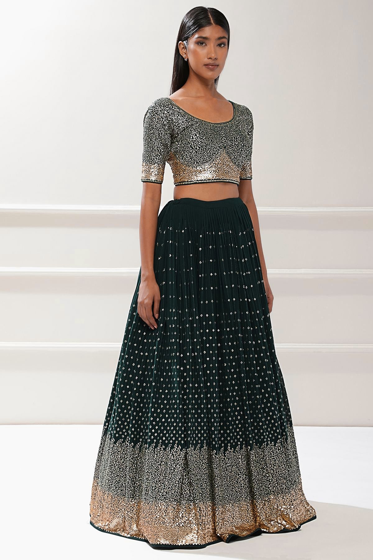 Dark Green Sequin Lehenga Choli with Gold Embroidery