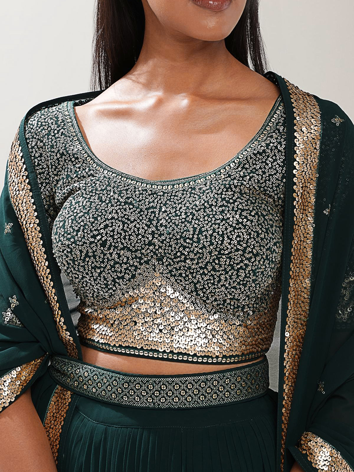 Dark Green Sequin Lehenga Choli with Gold Embroidery