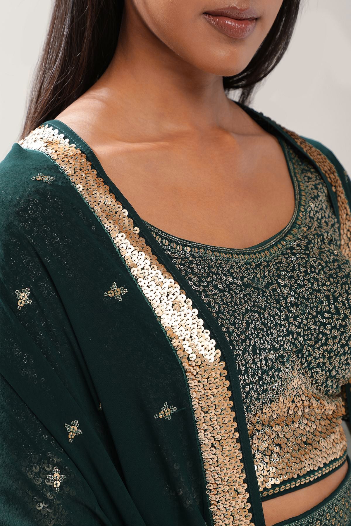 Dark Green Sequin Lehenga Choli with Gold Embroidery