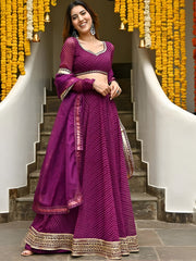 Wine Purple Leheriya Lehenga Choli with Golden Border