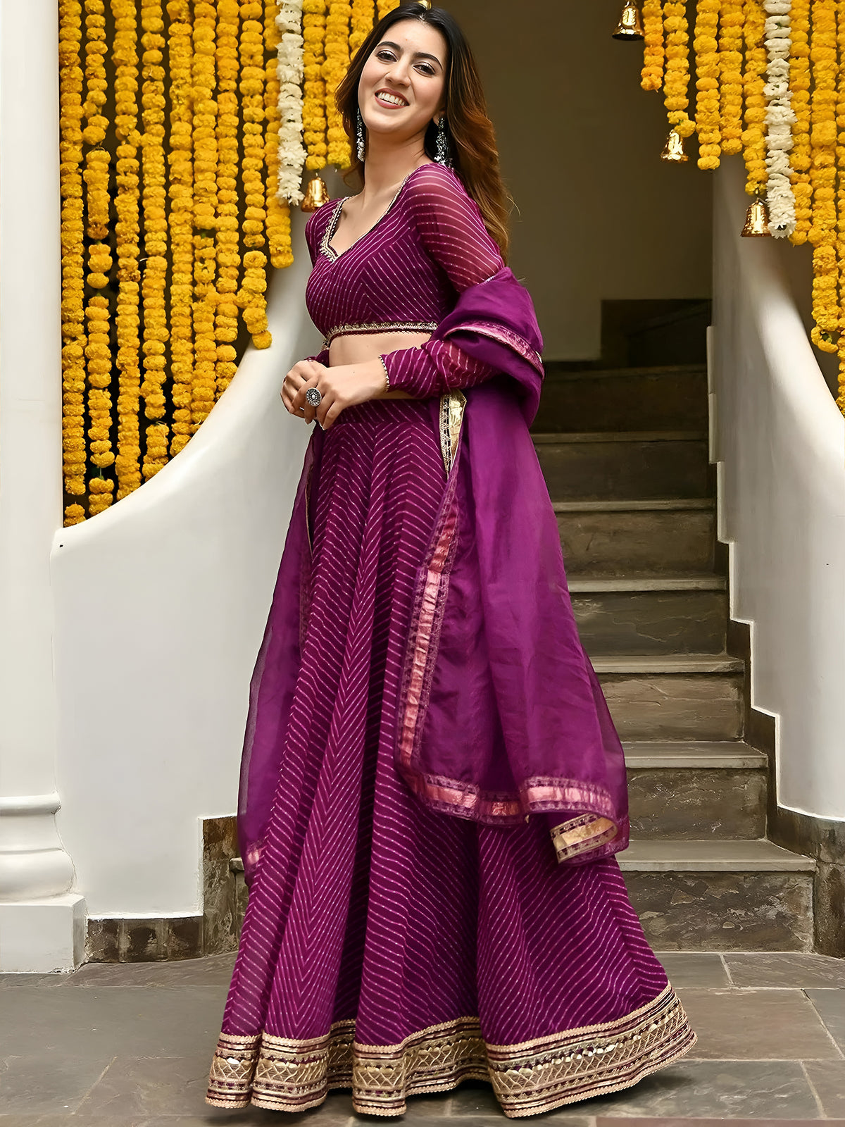 Wine Purple Leheriya Lehenga Choli with Golden Border