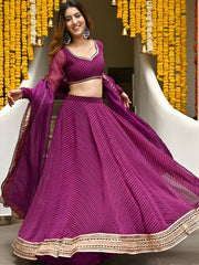 Wine Purple Leheriya Lehenga Choli with Golden Border