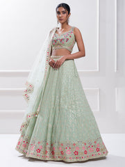 Pista Green Embroidered Lehenga Choli with Floral Dupatta