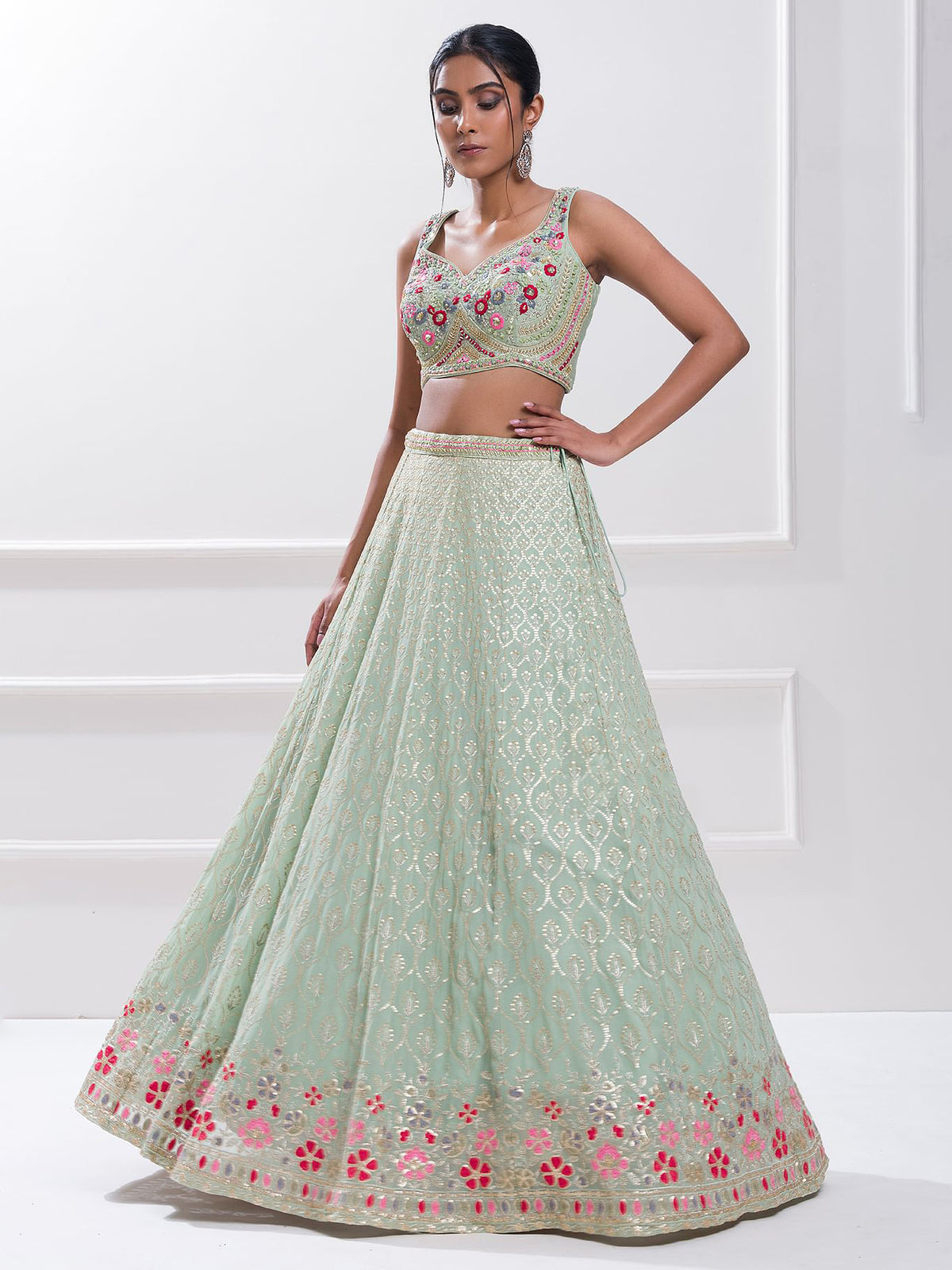 Pista Green Embroidered Lehenga Choli with Floral Dupatta