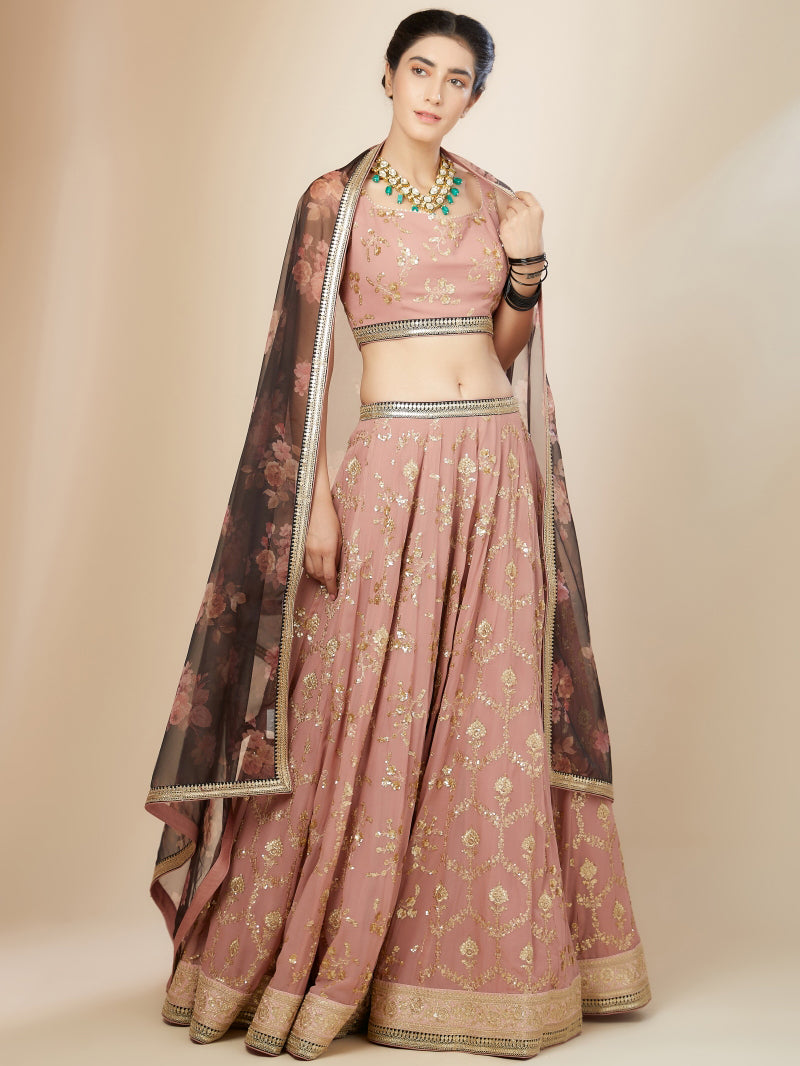Dusty Pink Embroidered Lehenga Choli with Floral Dupatta
