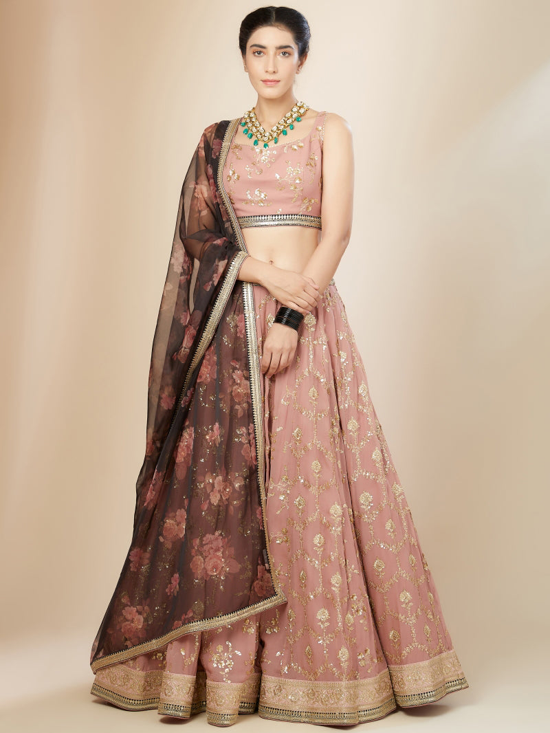 Dusty Pink Embroidered Lehenga Choli with Floral Dupatta