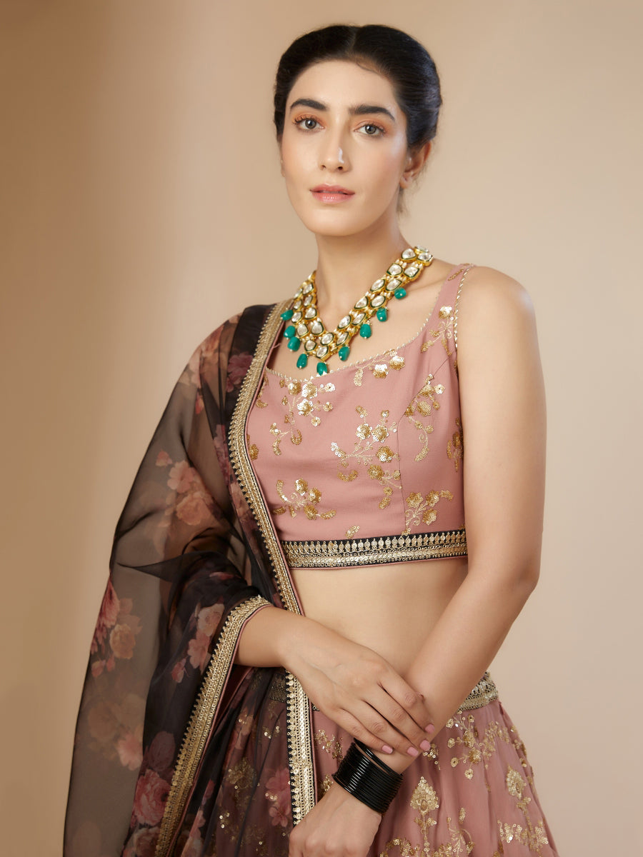 Dusty Pink Embroidered Lehenga Choli with Floral Dupatta