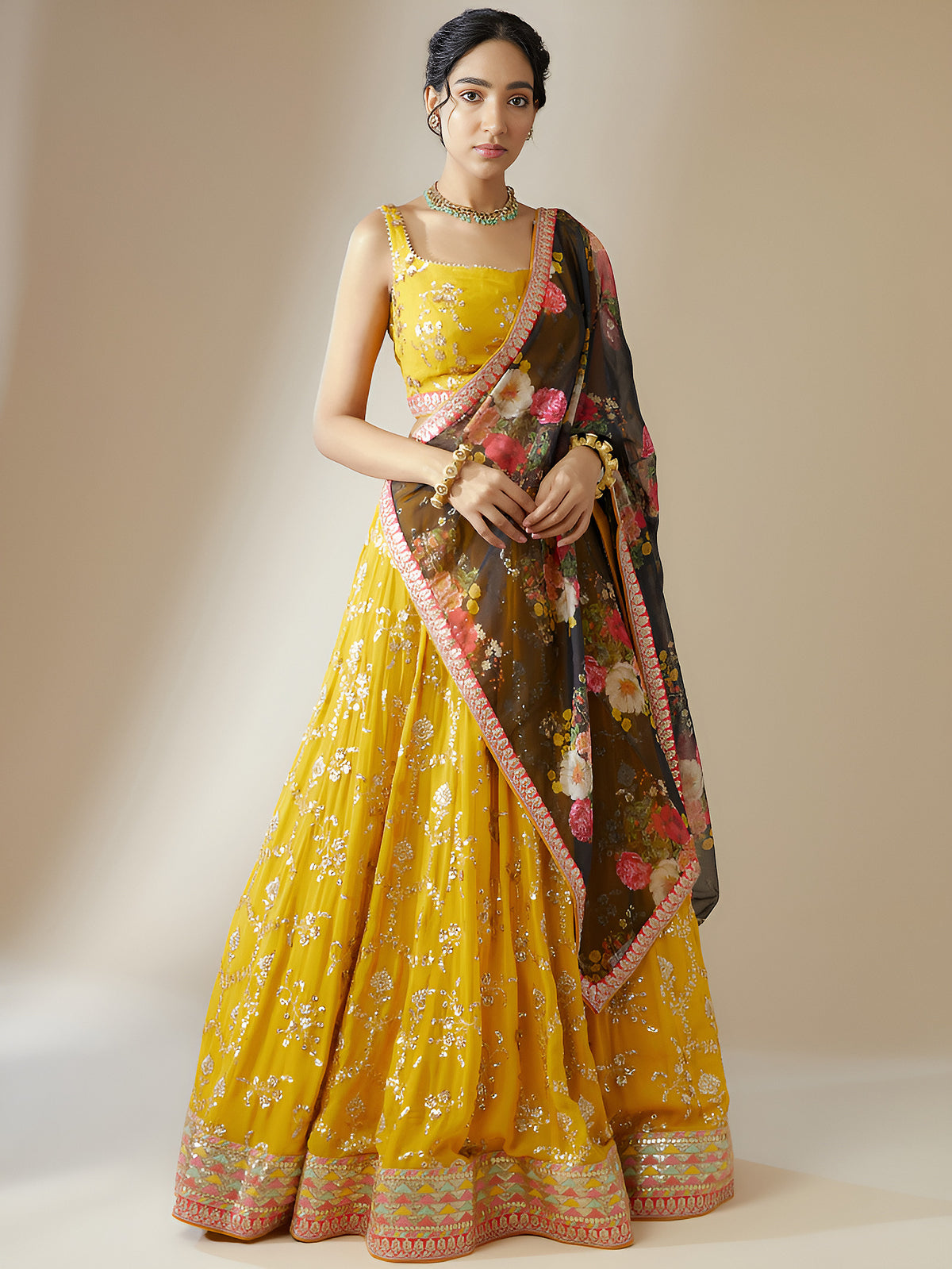 Mustard Yellow Embroidered Lehenga Choli with Floral Black Dupatta