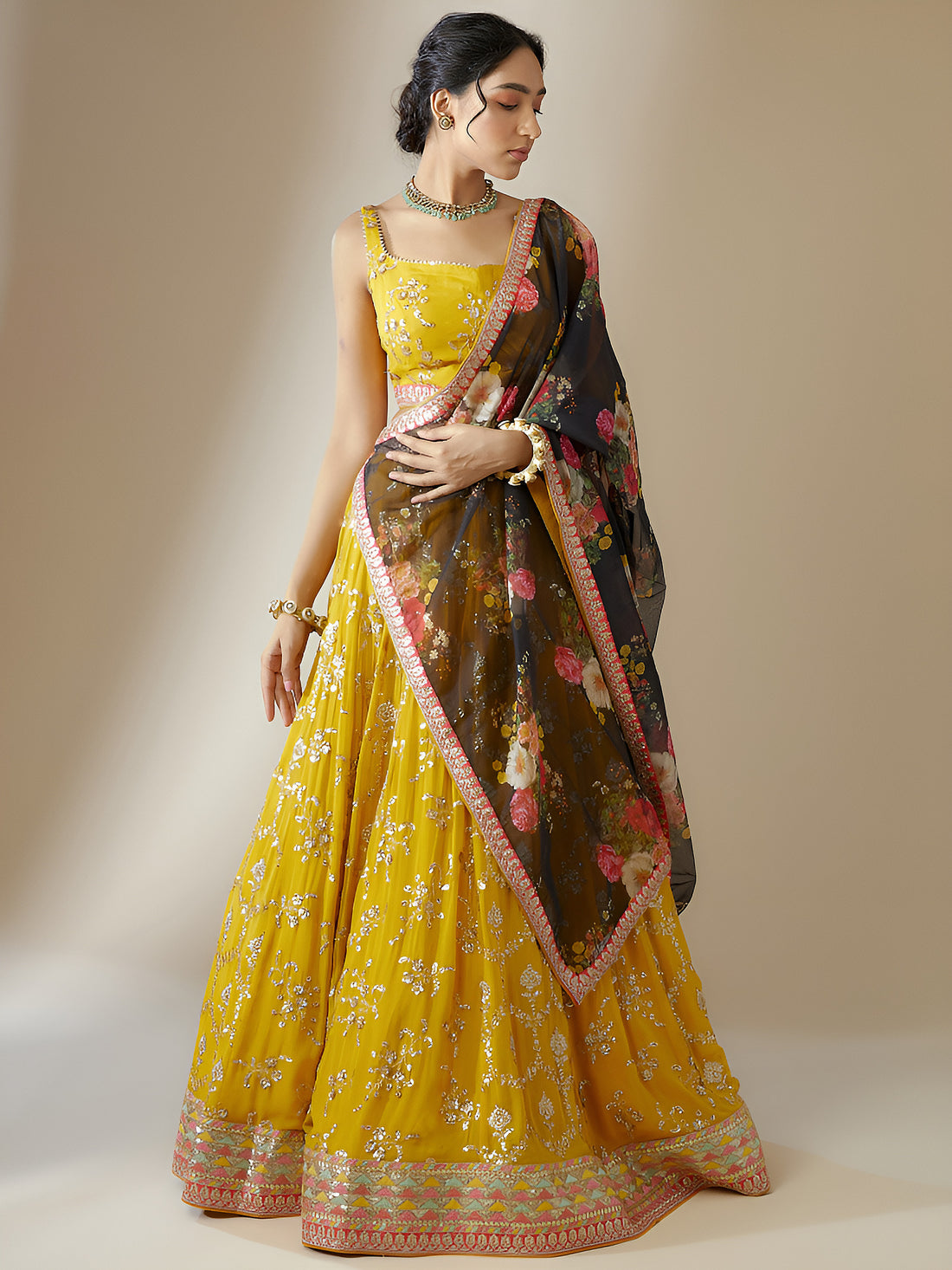 Mustard Yellow Embroidered Lehenga Choli with Floral Black Dupatta