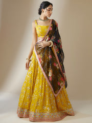 Mustard Yellow Embroidered Lehenga Choli with Floral Black Dupatta