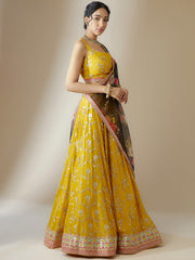 Mustard Yellow Embroidered Lehenga Choli with Floral Black Dupatta