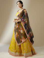 Mustard Yellow Embroidered Lehenga Choli with Floral Black Dupatta