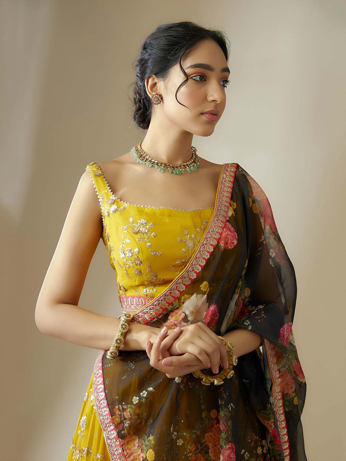 Mustard Yellow Embroidered Lehenga Choli with Floral Black Dupatta