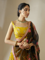 Mustard Yellow Embroidered Lehenga Choli with Floral Black Dupatta