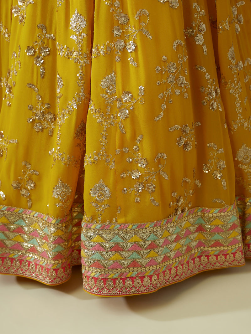 Mustard Yellow Embroidered Lehenga Choli with Floral Black Dupatta