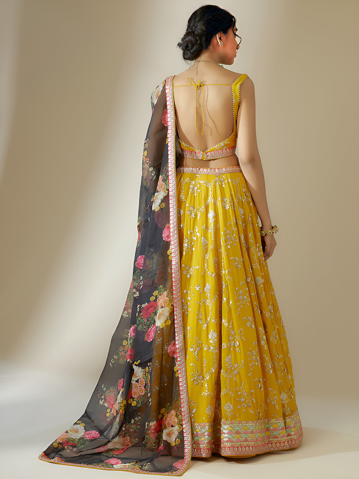 Mustard Yellow Embroidered Lehenga Choli with Floral Black Dupatta