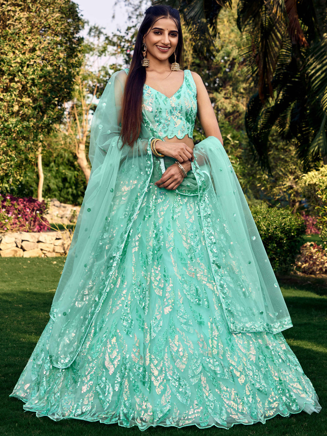 Mint Green Sequin Embroidered Bridal Lehenga Choli with Dupatta