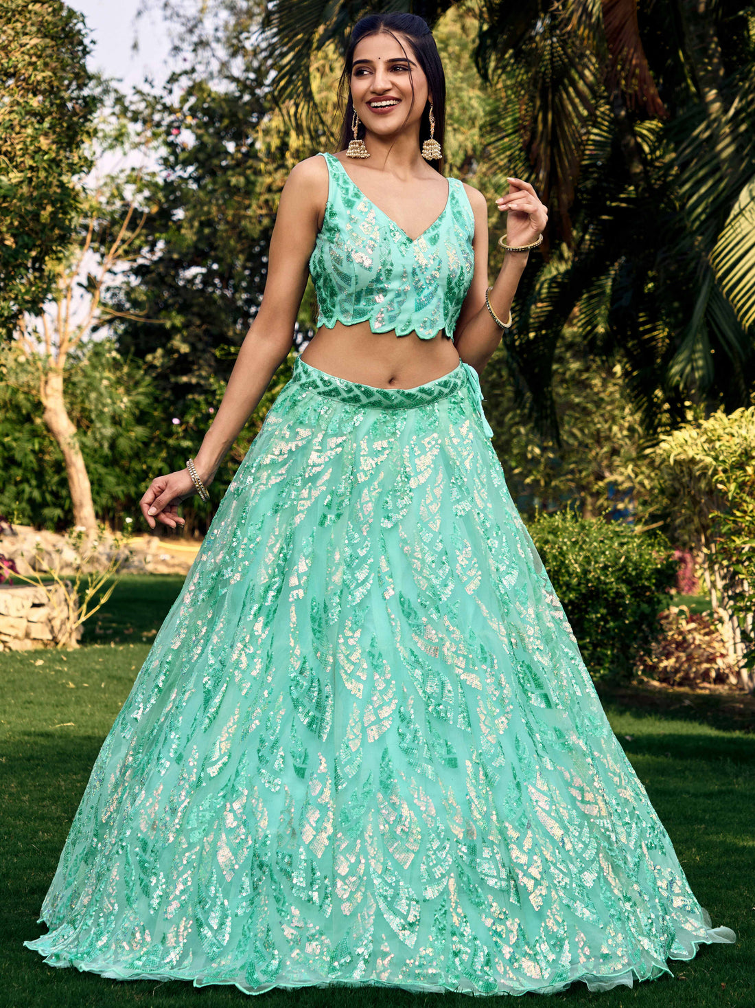 Mint Green Sequin Embroidered Bridal Lehenga Choli with Dupatta