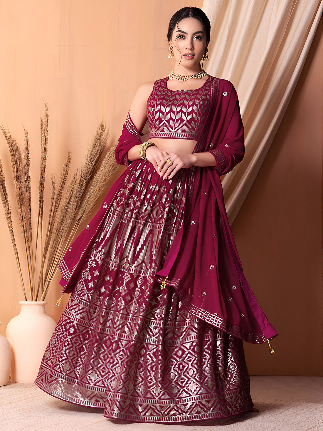 Maroon Embroidered Lehenga Choli with Dupatta