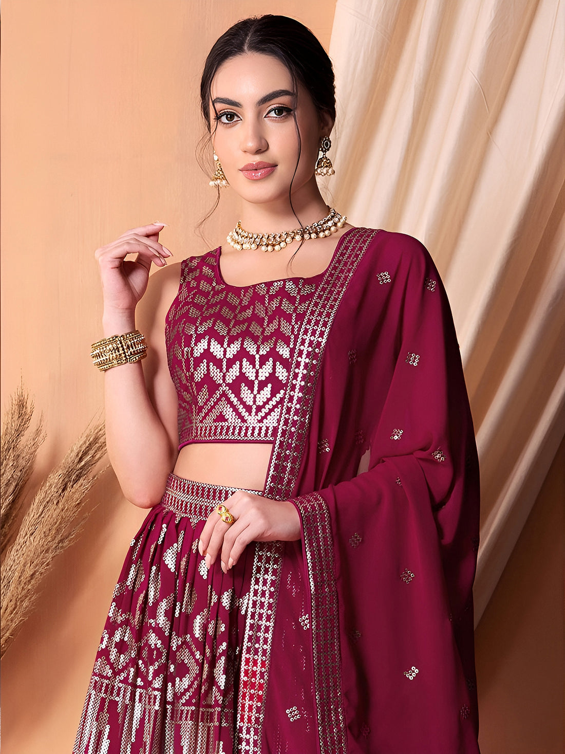 Maroon Embroidered Lehenga Choli with Dupatta